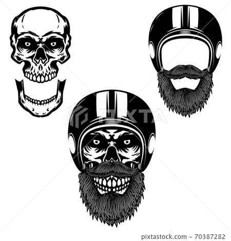 Skull in biker helmet. Design element for poster, card, t shirt, emblem, badge. 70387282