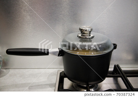 beautiful pot with food stands on a gas stove 70387324