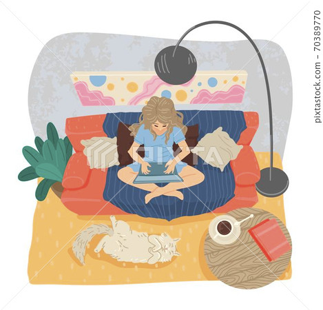 Girl freelancer works from home, sits on a sofa, interior apartment. Home office during a coronavirus pandemic. Vector illustration 70389770
