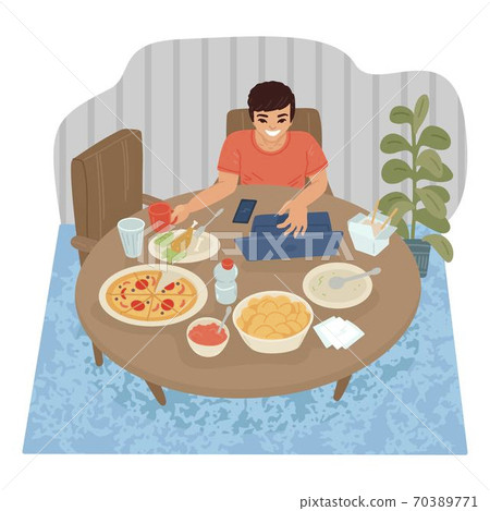 The man at the table eats food, chatting with friends on the Internet, watching a movie on a laptop. Quarantine work home-office. Vector illustration The man at the table eats food, chatting with friends on the Internet, watching a movie on a laptop. Quarantine work home-office. Vector illustration 70389771