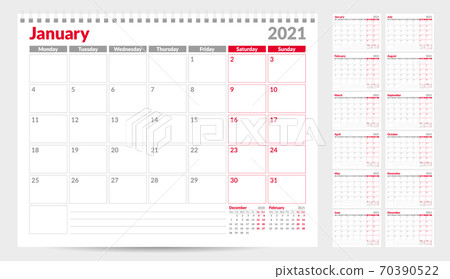 Calendar planner template 2021. Week start from Monday. Set of 12 Months. Ready for print. Vector Illustration 70390522