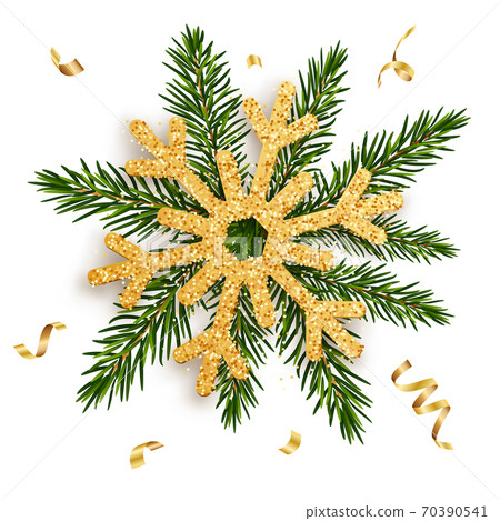 Golden snowflake on the branches of a fir tree with gold ribbons. Concept for greeting New Year and Christmas cards, banners, invitations Golden snowflake on the branches of a fir tree with gold ribbons. Concept for greeting New Year and Christmas cards, banners, invitations 70390541