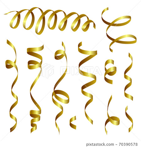 Gold shiny gradient twisted ribbons set. Decoration for carnival party, holiday event, New Year, Christmas, Wedding ceremony. Vector illustration 70390578