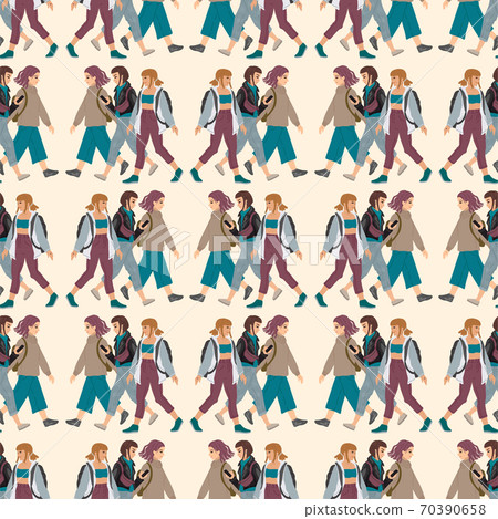 Seamless pattern of Female friends are walking, viewing the phone, chatting and communicating with friends. Women teens pattern. Vector illustration. Seamless pattern of Female friends are walking, viewing the phone, chatting and communicating with friends. Women teens pattern. Vector illustration. 70390658