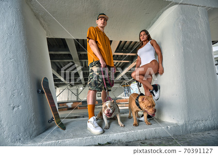 young stylishly dressed man and woman with an athletic figure with two american bully dogs under the bridge on city streets 70391127