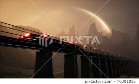 A levitating alien train sweeps across an unknown beautiful planet. 3D Rendering. 70391856