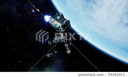 Battle of soldiers of the future in open space near the blue planet. Shootout in deep space. 3D Rendering. 70392011