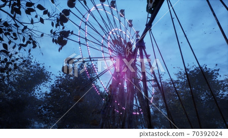Abandoned Apocalyptic Ferris wheel and carousel in an amusement Park in a city deserted after the Apocalypse. 3D Rendering. Abandoned Apocalyptic Ferris wheel and carousel in an amusement Park in a city deserted after the Apocalypse. 3D Rendering. 70392024