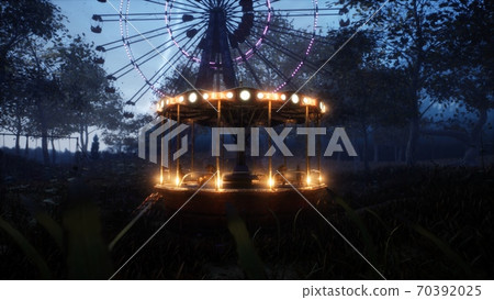 Abandoned Carousel and Ferris wheel in an amusement Park in an abandoned city. 3D Rendering. Abandoned Carousel and Ferris wheel in an amusement Park in an abandoned city. 3D Rendering. 70392025