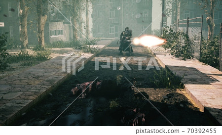 The last survivor of the Apocalypse shoots nightmarish zombies with a machine gun in a deserted city. 3D Rendering. 70392455