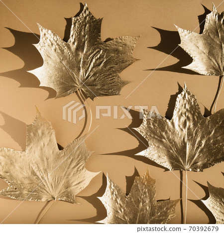 Autumn composition. Pattern made of autumn golden marple leaves on nude color background. Flat lay, top view, copy space Autumn composition. Pattern made of autumn golden marple leaves on nude color background. Flat lay, top view, copy space 70392679