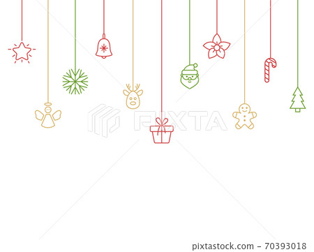 Holiday color baubles with snowflake, santa, christmas tree, reindeer, candy cane, angel, gift box. Christmas hanging on white background. New year card. Party design elements. Vector illustration 70393018