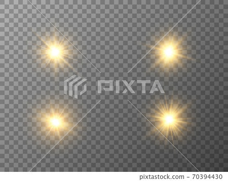 Glowing light stars set. Gold effect on transparent backdrop. Golden explosions and flares. Bright shining stars. Yellow energy flash with rays. Vector illustration Glowing light stars set. Gold effect on transparent backdrop. Golden explosions and flares. Bright shining stars. Yellow energy flash with rays. Vector illustration 70394430