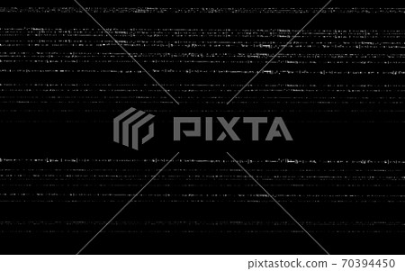 Glitch VHS template. Old video effect on black backdrop. Horizontal random white lines. Retro tape texture with distorted elements. Analog videotape. Vector illustration 70394450