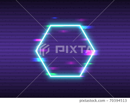 Glitch hexagon element. Neon frame design with digital distortions. Abstract shapes with VHS effect. Glowing form and random horizontal lines. Vector illustration 70394513
