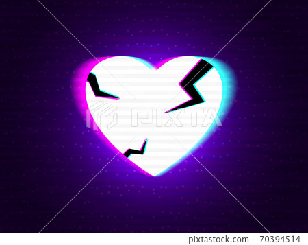 Glitch heart broken. Distorted neon love on modern background. Glitched stereo shape with double exposure. Abstract creative element for card, banner, poster. White cracked heart. Vector illustration 70394514