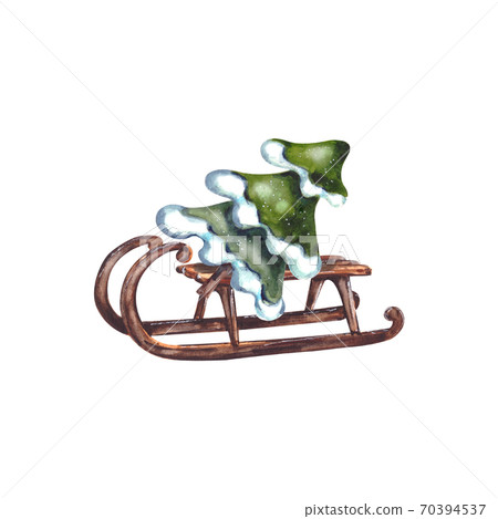 Watercolor illustration of a greeting card to celebrate happy Christmas and New year. Christmas tree on a small vintage wooden sled.Isolated on a white background. 70394537