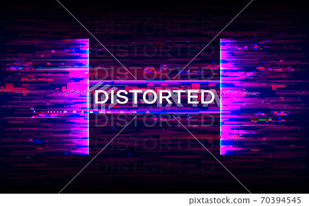 Distorted glitch banner. Dynamic distortion with purple elements. Futuristic poster. Future design template. Color wave on dark background. Colorful horizontal lines. Vector illustration Distorted glitch banner. Dynamic distortion with purple elements. Futuristic poster. Future design template. Color wave on dark background. Colorful horizontal lines. Vector illustration 70394545