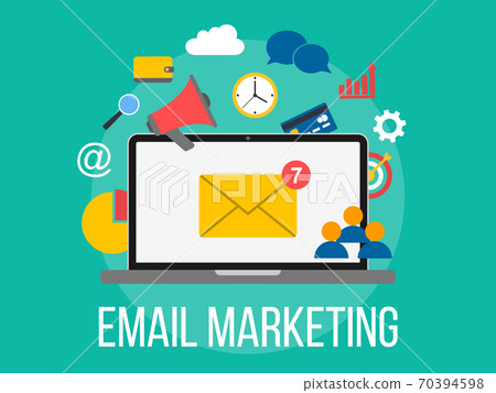 Email marketing concept. Laptop with envelope on screen. Flat design illustration with business elements. Internet marketing Email marketing concept. Laptop with envelope on screen. Flat design illustration with business elements. Internet marketing 70394598
