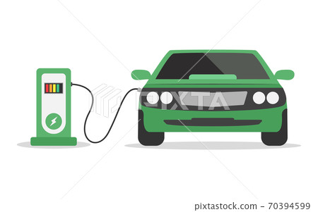 Electric car concept. Charging station on white background. Green electromobile. Ecological transport. Electricity power. Vector illustration 70394599