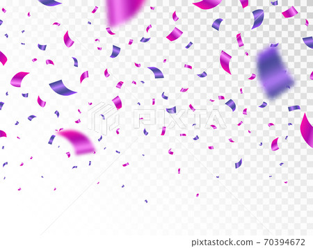 Purple and pink confetti isolated on transparent background. Falling color confetti. Realistic bright serpentine. Flying festive tinsel. Anniversary decoration elements. Vector illustration 70394672