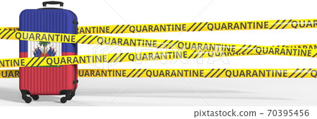 Flag of Haiti on a suitcase and quarantine stripes, coronavirus pandemic tourism restrictions concept. 3d rendering 70395456