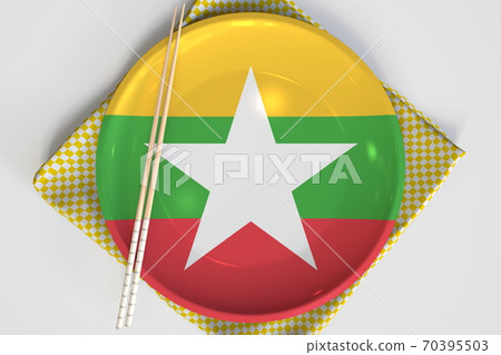 Flag of Myanmar on the plate and chopsticks. National cuisine concept. 3d rendering 70395503