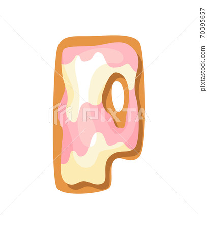 Cartoon cookies font. Confectioners stylized capital letter P. Vector english ABC baking in colored glaze. Creative gingerbread alphabet design. Childhood sweet biscuit and doughnut 70395657