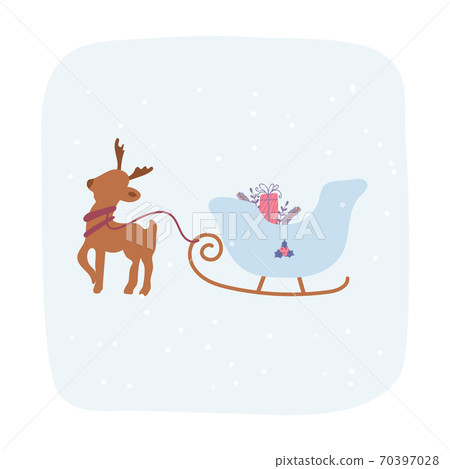 Christmas presents in sleigh with deer. Vector illustration for New Year of the bull. Simple trendy illustration for postcards, posters. Christmas presents in sleigh with deer. Vector illustration for New Year of the bull. Simple trendy illustration for postcards, posters. 70397028