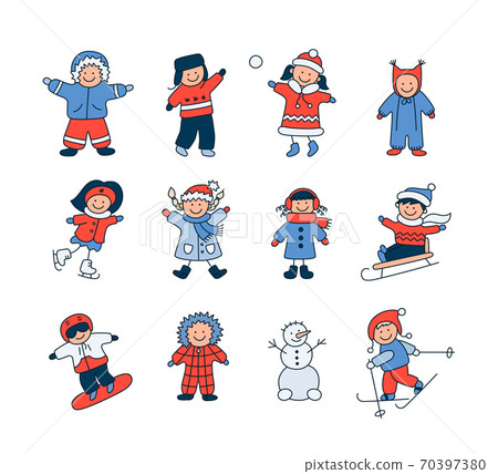 Active children in winter. Cute kids play outdoor with snow. 70397380