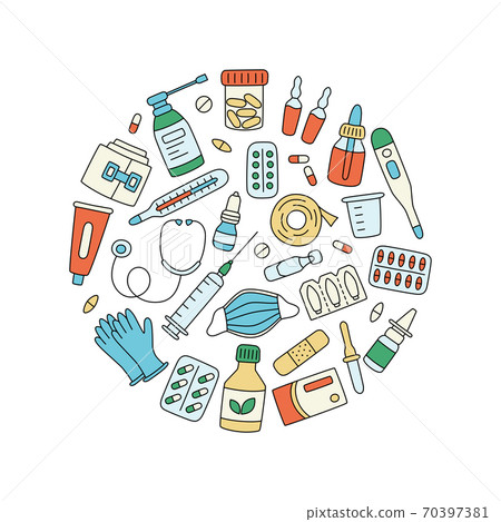 Meds, drugs, pills, bottles and health care medical elements. Color vector illustration 70397381