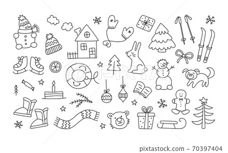 Set of winter christmas objects in doodle style. Hand drawn snowman, hat, mittens, skates, christmas tree. Set of winter christmas objects in doodle style. Hand drawn snowman, hat, mittens, skates, christmas tree. 70397404