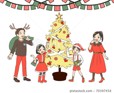 Family surrounding the Christmas tree Yellow - Stock Illustration ...