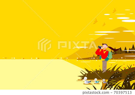 A woman doing bird watching by the lake in autumn A woman doing bird watching by the lake in autumn 70397513