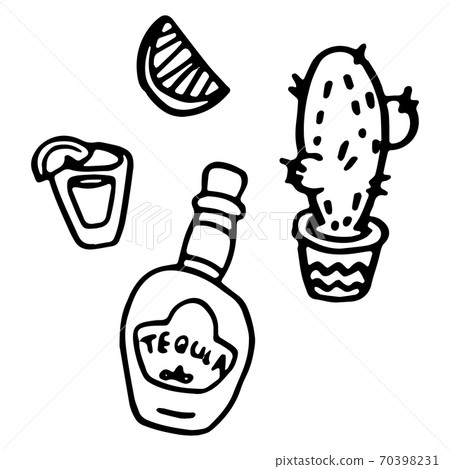 Tequila and cactus on white isolated backdrop - Stock Illustration