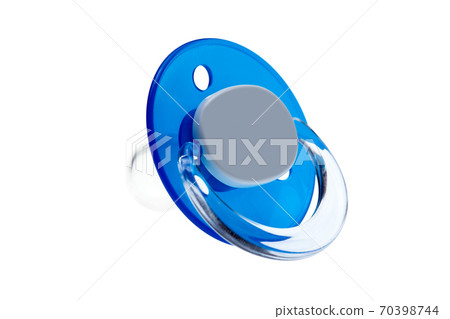 a silicon pacifier babies made of transparent soft latex, blue plastic soother isolated on white background mock up. 70398744