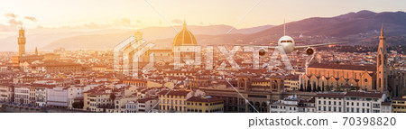 Front of real plane aircraft, on Florence Cityscape in Sunrise at Florence, Italy background 70398820