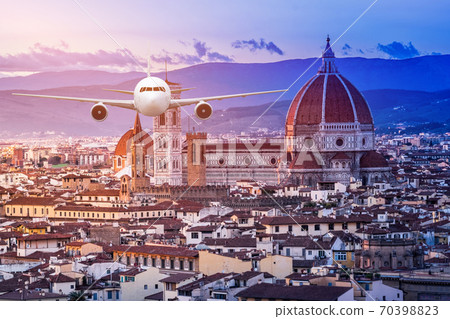 Front of plane aircraft, on Florence Cathedral Santa Maria del Fiore in Sunrise at Florence, Italy Front of plane aircraft, on Florence Cathedral Santa Maria del Fiore in Sunrise at Florence, Italy 70398823