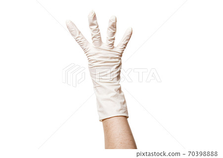 hand in a white sterile medical glove shows gesture four fingers, close-up mock-up isolated on a white background with copy space. hand in a white sterile medical glove shows gesture four fingers, close-up mock-up isolated on a white background with copy space. 70398888