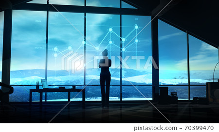 Businesswoman in front of an infographic hologram against the office window. Businesswoman in front of an infographic hologram against the office window. 70399470