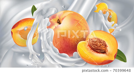 Peaches in a stream of milk or yogurt. Peaches in a stream of milk or yogurt. 70399648