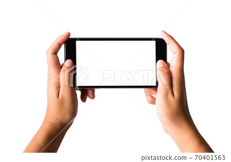Woman hand playing game on smartphone blank screen 70401563