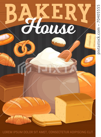 Bakery bread, pastry and flour bag vector poster 70405555