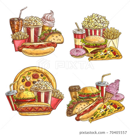 Fast food takeaway meals and snacks sketch vector 70405557