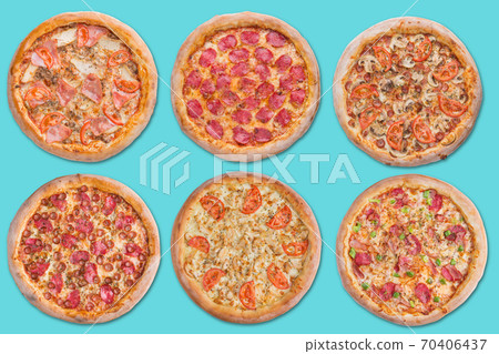 display of six Italian pizzas, on a turquoise background, concept menu display of six Italian pizzas, on a turquoise background, concept menu 70406437
