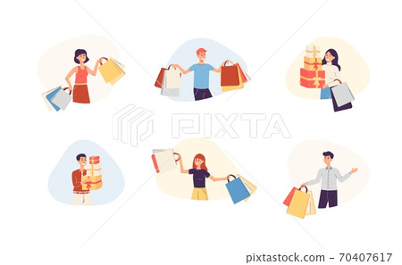 Set of men and women with lot bags and gifts a vector flat illustration 70407617