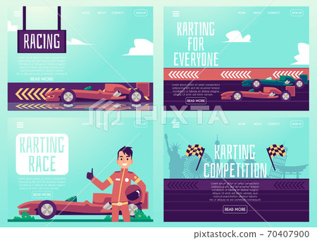 Set banners or posters for car racing and karting track flat vector illustration. Set banners or posters for car racing and karting track flat vector illustration. 70407900
