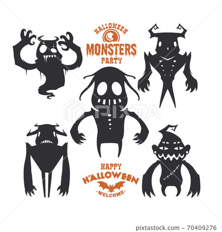 Set of mystical creatures for Halloween. A collection of black silhouettes on light background. Vector illustration of monsters. Set of mystical creatures for Halloween. A collection of black silhouettes on light background. Vector illustration of monsters. 70409276