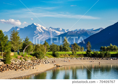 Beautiful view to Lago di Resia, Lake Reschen, Alto Adige, South Tyrol, Italy 70409767