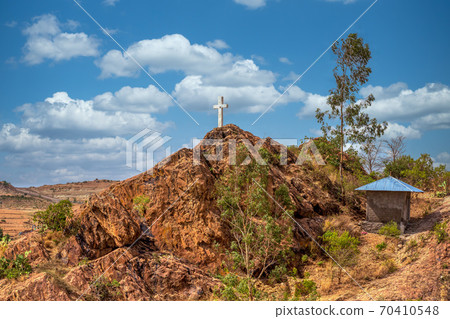 White cross on hil, Aksum Ethiopia 70410548